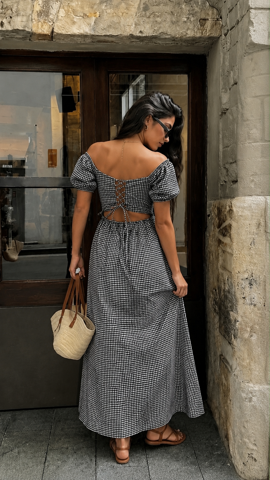 Check dress back tie up